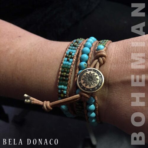 Wikkelarmband Bohemian B6 – Turquoise – Messing – Tsjechisch Glas