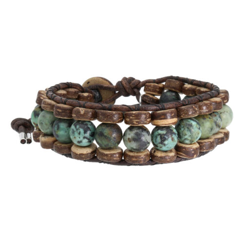 Armband Bohemian green B8 – Groen – Afrikaanse Turquoise – Kokos – leer