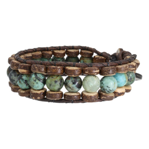 Armband Bohemian green B8 – Groen – Afrikaanse Turquoise – Kokos – leer