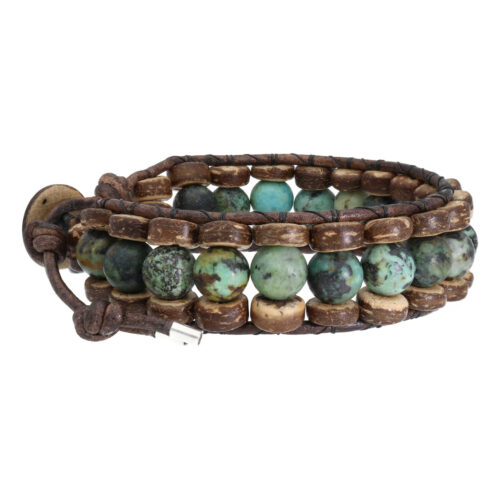 Armband Bohemian green B8 – Groen – Afrikaanse Turquoise – Kokos – leer