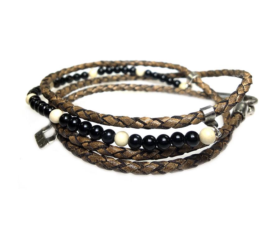 Wikkelarmband Bohemian – Gevlochten leer -Fossil – Onyx – Sterling Zilver