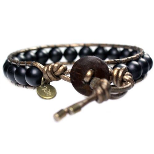 Armband Classic B8 – Mat Onyx en bronskleurig leder koord