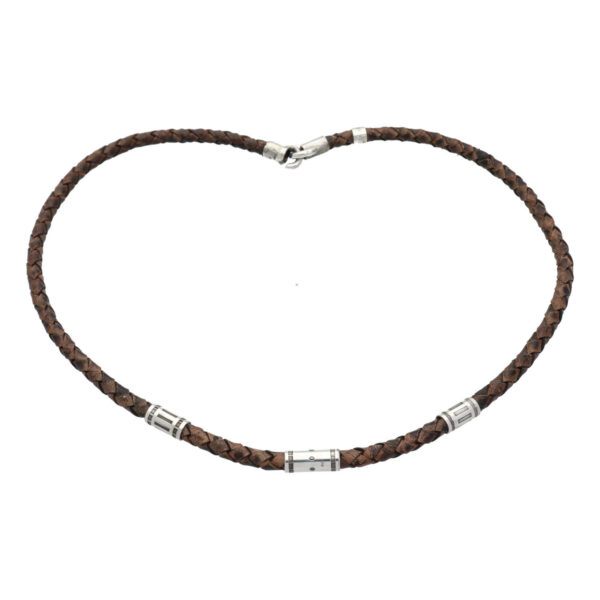Ketting Classic W6 – Bruin gevlochten vintage leder – geoxideerd Sterling Zilver