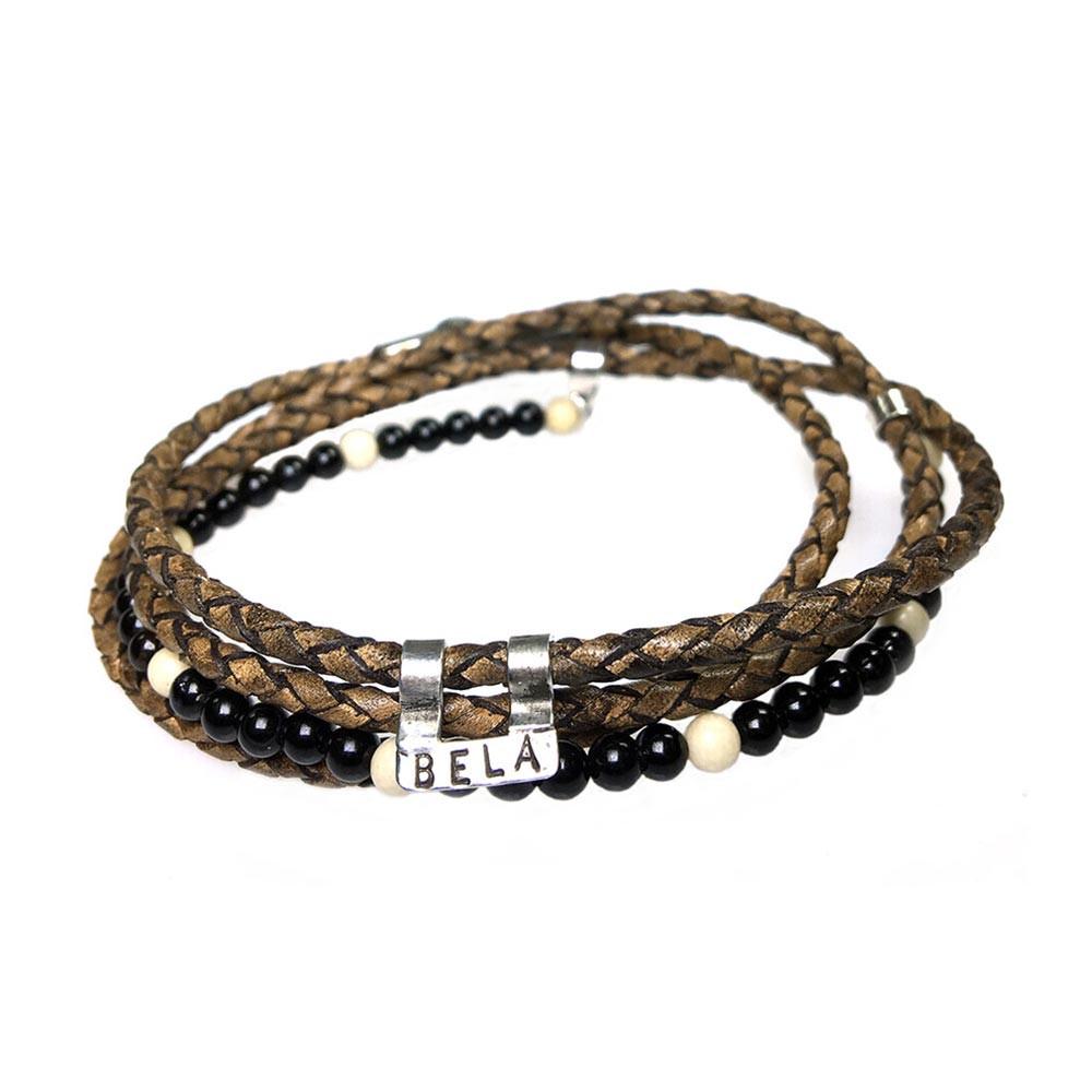 Wikkelarmband Bohemian – Gevlochten leer -Fossil – Onyx – Sterling Zilver