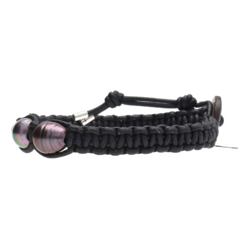 Armband Classic B9 – Zwarte Parel – mat zwart leder macrame