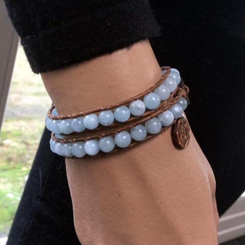 Wikkelarmband Blue Jeans B6 – Aquamarijn, leer en Sterling Zilver