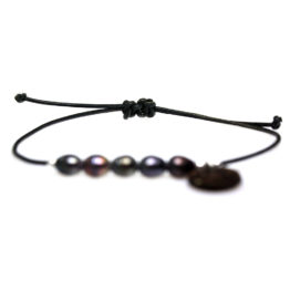 Enkelbandje Basic B6 – Zwarte parels – zwart leer – Sterling Zilver