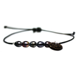 Enkelbandje Basic B6 – Zwarte parels – zwart leer – Sterling Zilver