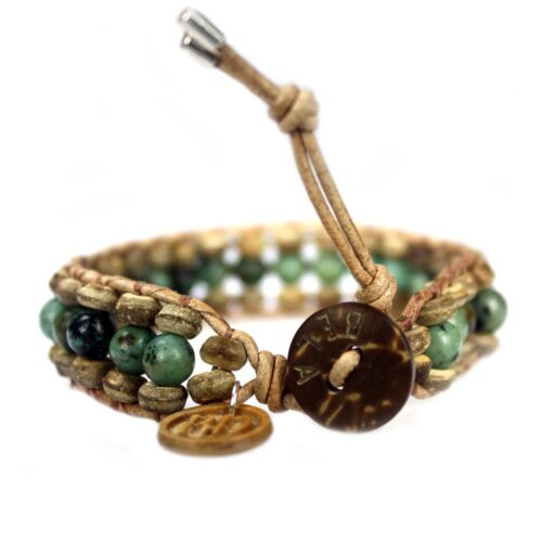 Armband Bohemian green B6 – Groen – Afrikaanse Turquoise – Kokos – leer