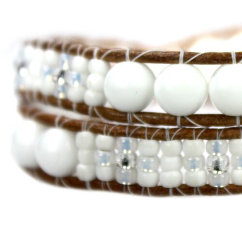 Wikkelarmband Classic – Witte Jade – Tsjechisch glas – leer