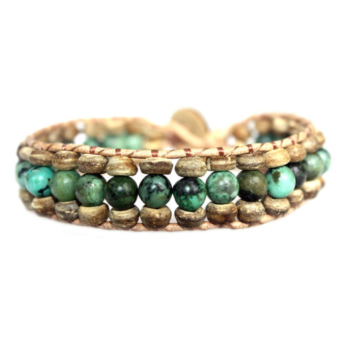 Armband Bohemian green B6 – Groen – Afrikaanse Turquoise – Kokos – leer