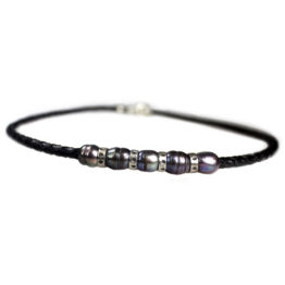 Ketting Classic W6 – Zwarte Parels – zwart gevlochten vintage leder – geoxideerd Sterling Zilver