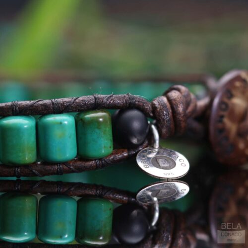 Armband Bohemian green B6 – Groen – Turquoise – Sterling zilver – Leer