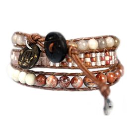 Wikkelarmband Classic Triple  B6 – Zonnesteen – Facet Fossil – Old school leder – Sterling Zilver