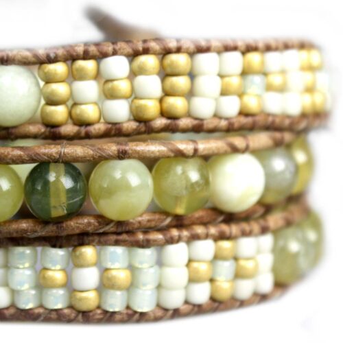 Wikkelarmband Classic Triple  B6 – Opaal – Jade – naturel leder – Sterling Zilver