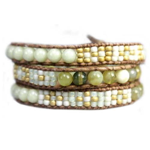 Wikkelarmband Classic Triple  B6 – Opaal – Jade – naturel leder – Sterling Zilver