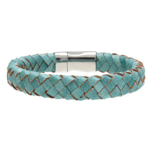Armband Business line W12 – RVS – Gevlochten vintage turquoise leder
