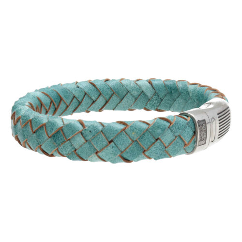 Armband Business line W12 – RVS – Gevlochten vintage turquoise leder