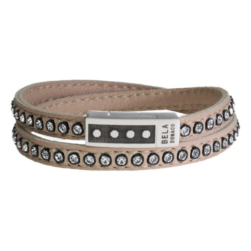 Wikkelarmband Business line W7 – RVS – Swarovski kristallen – beige nappa leder