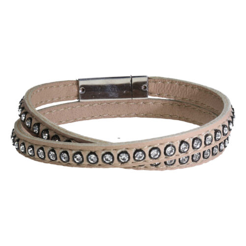 Wikkelarmband Business line W7 – RVS – Swarovski kristallen – beige nappa leder