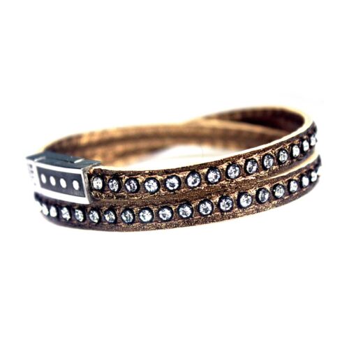 Wikkelarmband Business line W7 – RVS – Swarovski kristallen – bronskleurig nappa leder
