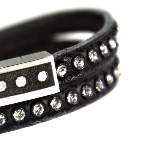 Wikkelarmband Business line W7 – RVS – Swarovski kristallen – zwart nappa leder
