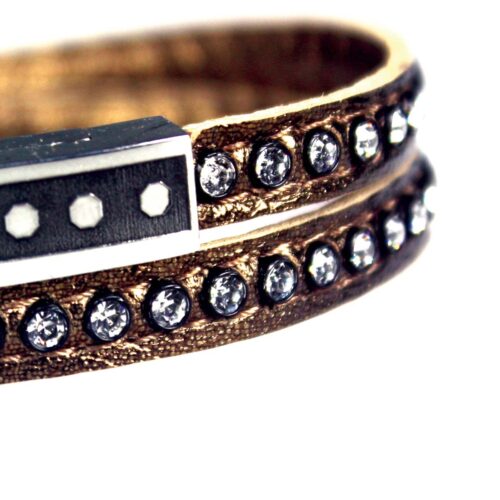 Wikkelarmband Business line W7 – RVS – Swarovski kristallen – bronskleurig nappa leder