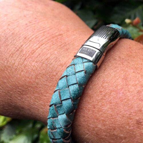 Armband Business line W12 – RVS – Gevlochten vintage turquoise leder