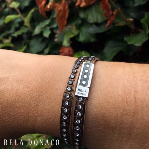 Wikkelarmband Business line W7 – RVS – Swarovski kristallen – bronskleurig nappa leder