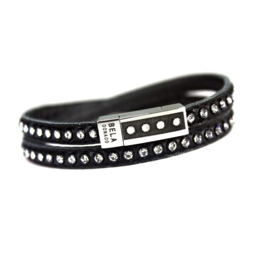 Wikkelarmband Business line W7 – RVS – Swarovski kristallen – zwart nappa leder