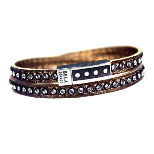 Wikkelarmband Business line W7 – RVS – Swarovski kristallen – bronskleurig nappa leder