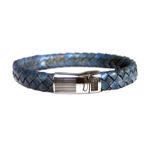 Armband Business line W12 – RVS – Gevlochten vintage blauw leder