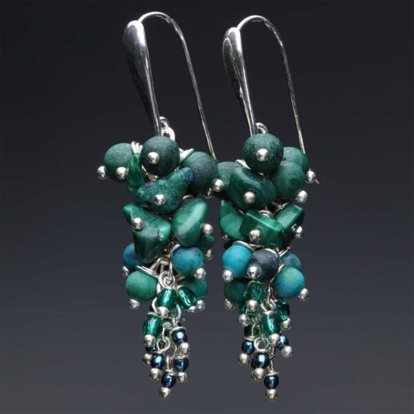 Oorbellen Wrap Wire – Malachiet – Chrysocolla – Tsjechisch glas – Sterling Zilver