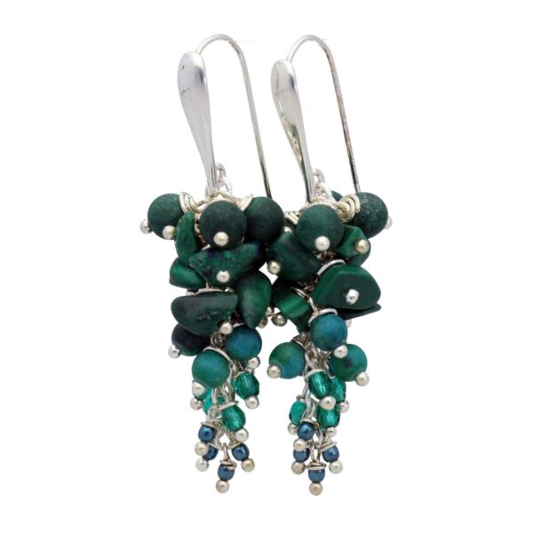 Oorbellen Wrap Wire – Malachiet – Chrysocolla – Tsjechisch glas – Sterling Zilver