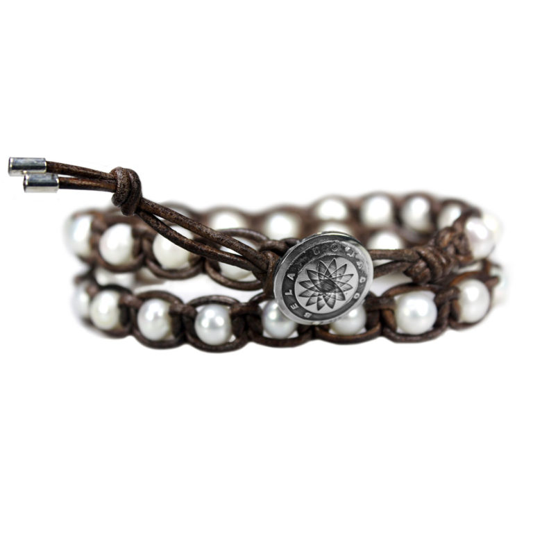 Wikkelarmband Classic B6 - witte Parels - vintage Leer - Sterling Zilver