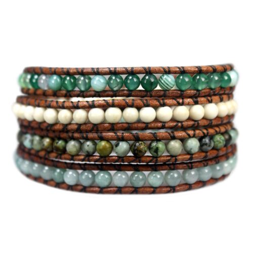 Wikkelarmband Bohemian B4 – Agaat – Africaanse turquoise – Jade – Fossil – old schoolleer