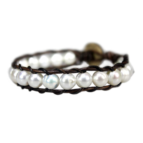 Armband Classic B8 – witte Parels – vintage Leer