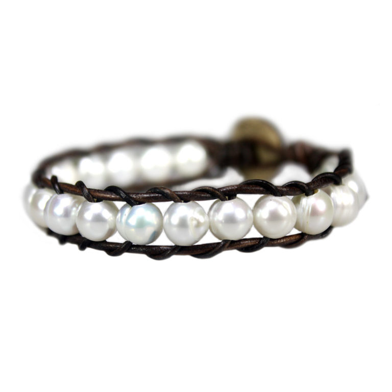 Armband Classic B8 - witte Parels - vintage Leer