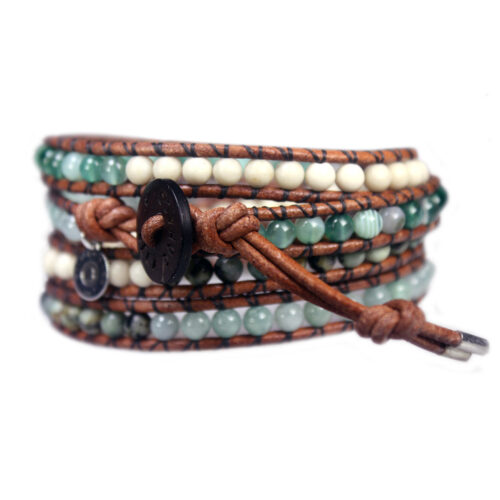 Wikkelarmband Bohemian B4 – Agaat – Africaanse turquoise – Jade – Fossil – old schoolleer