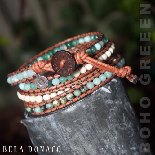 Wikkelarmband Bohemian B4 – Agaat – Africaanse turquoise – Jade – Fossil – old schoolleer