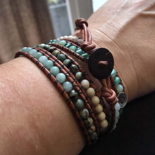 Wikkelarmband Bohemian B4 – Agaat – Africaanse turquoise – Jade – Fossil – old schoolleer