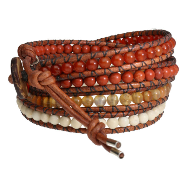 Wikkelarmband Bohemian B4 – Carneol – Redstone – witte Fossil – old schoolleer
