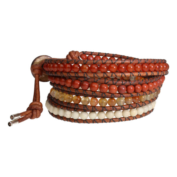 Wikkelarmband Bohemian B4 – Carneol – Redstone – witte Fossil – old schoolleer