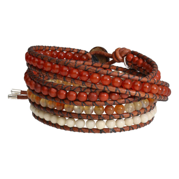 Wikkelarmband Bohemian B4 – Carneol – Redstone – witte Fossil – old schoolleer