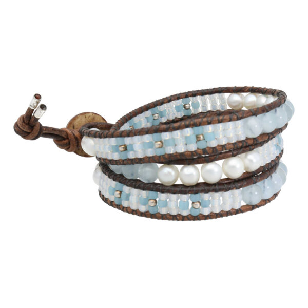 Wikkelarmband Classic B6 – witte Parels – Aquamarijn – vintage Leer – Tsjechisch glas – Sterling Zilver