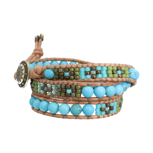 Wikkelarmband Bohemian B6 – Turquoise – Messing – Tsjechisch Glas