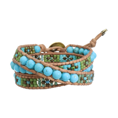 Wikkelarmband Bohemian B6 – Turquoise – Messing – Tsjechisch Glas