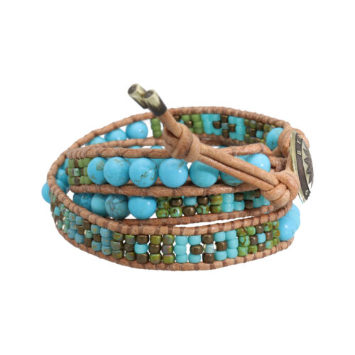 Wikkelarmband Bohemian B6 – Turquoise – Messing – Tsjechisch Glas