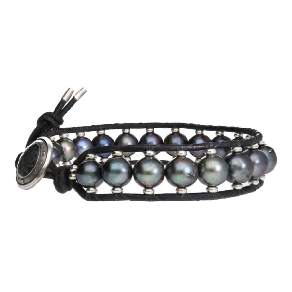 Armband Supreme Classic B9 – Zwarte Parels – vintage leder – Sterling Zilver
