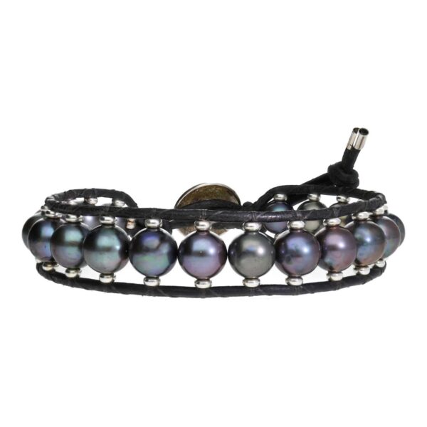 Armband Supreme Classic B9 – Zwarte Parels – vintage leder – Sterling Zilver